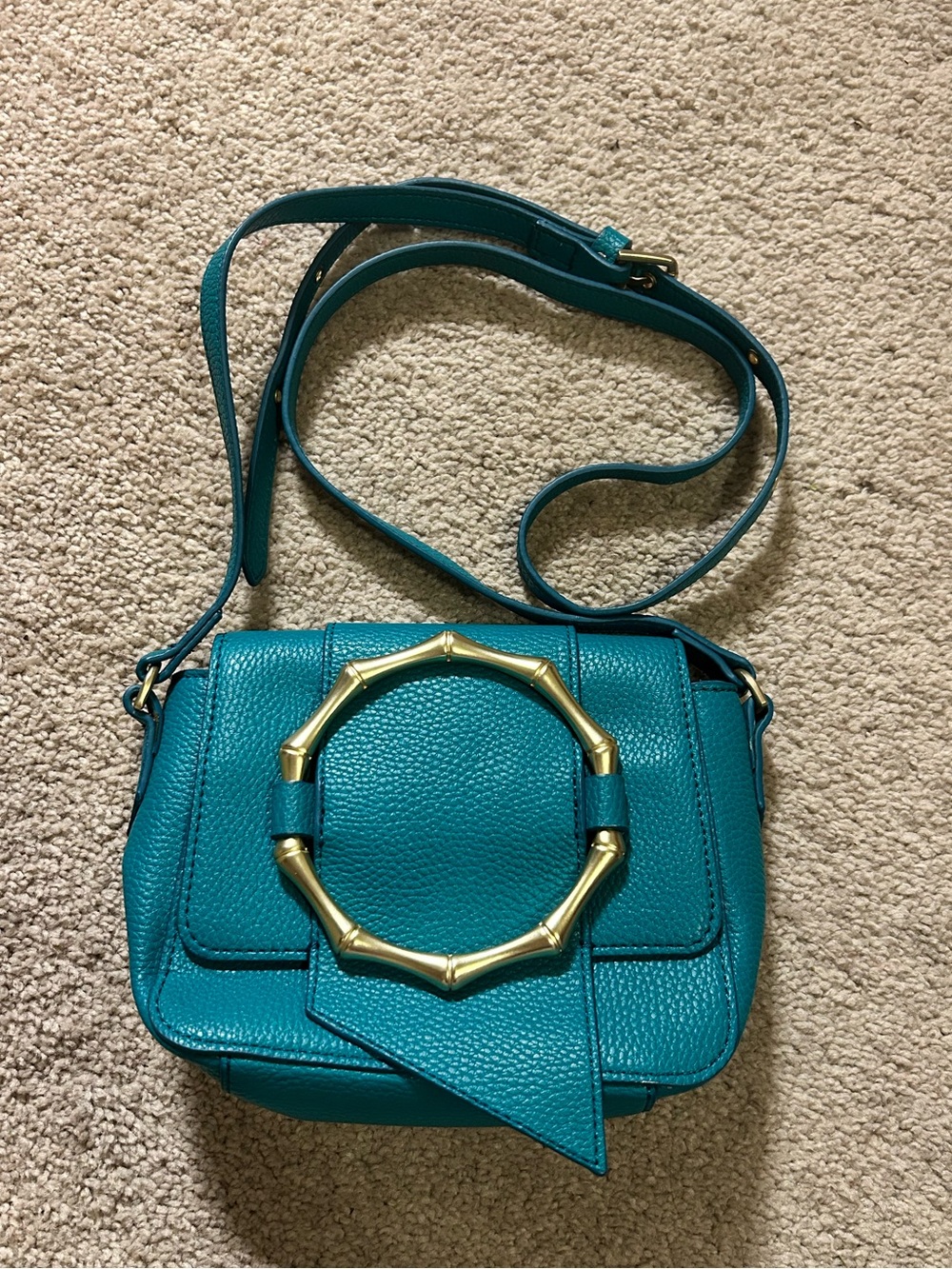 Foley + Corinna Joni teal crossbody bag with distinctive bamboo detail